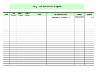 The petty cash register provides columns for tracking cash amounts 