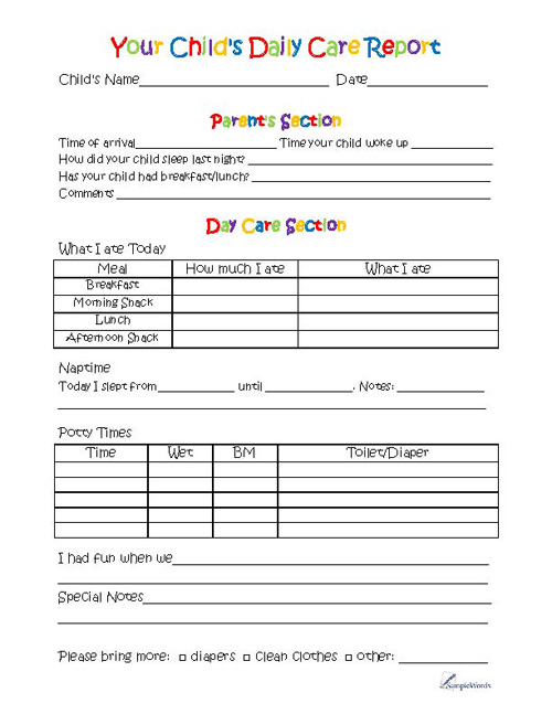 This free printable toddler daily day care report is for use by day ...