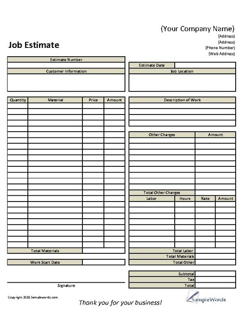 Free Job Estimate Form Templates