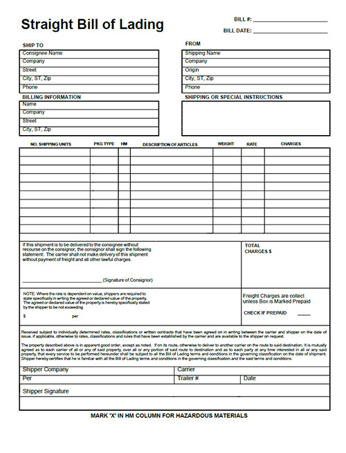Bill of Lading Template Form - PDF Download