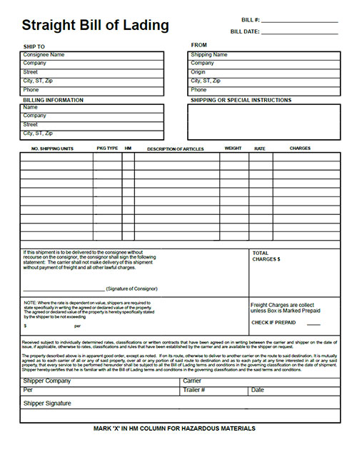 Straight bill of lading pdf