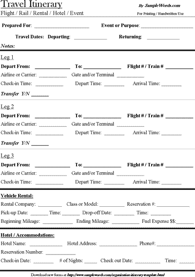 Business Travel Itinerary Template Word