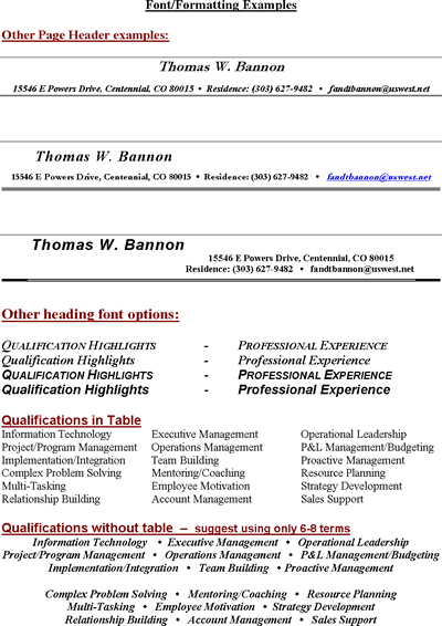 free sample resume headings