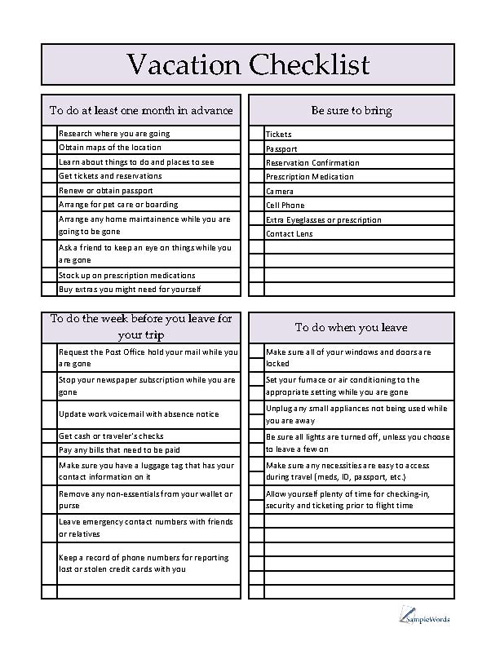 Vacation Checklist - Download and Print PDF Document