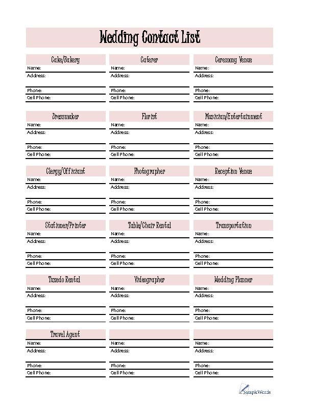 wedding planning contact list printable pdf file