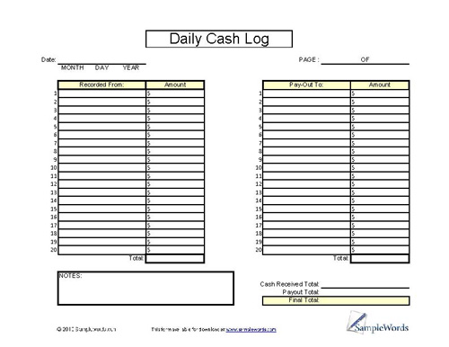 Daily Cash Log Sheet Printable Cash Form for Financial Records