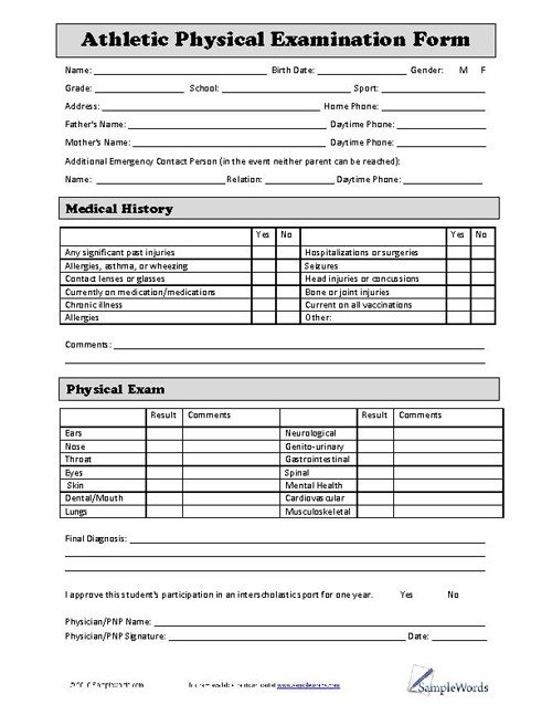 Free Printable Sports Physical Form Printable Templates