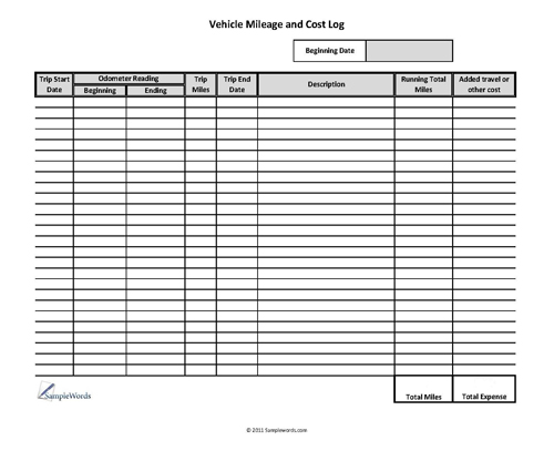 Running Chart For Vehicles