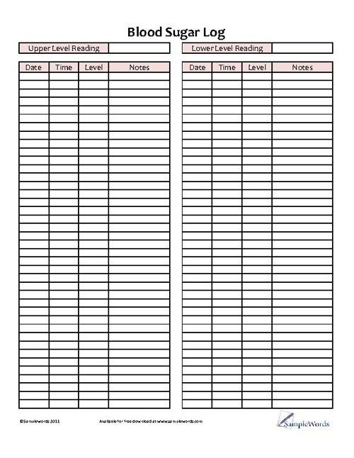 Printable Blood Sugar Log Chart Pdf