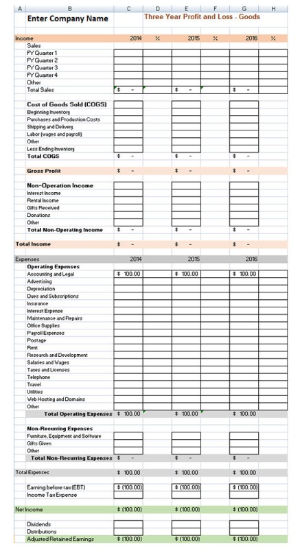 Profit and Loss Statement Template - Goods, Services - Excel