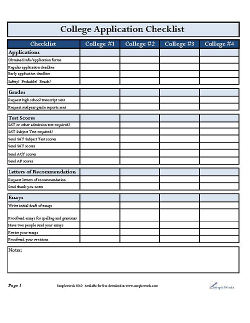 College Application Checklist Chart