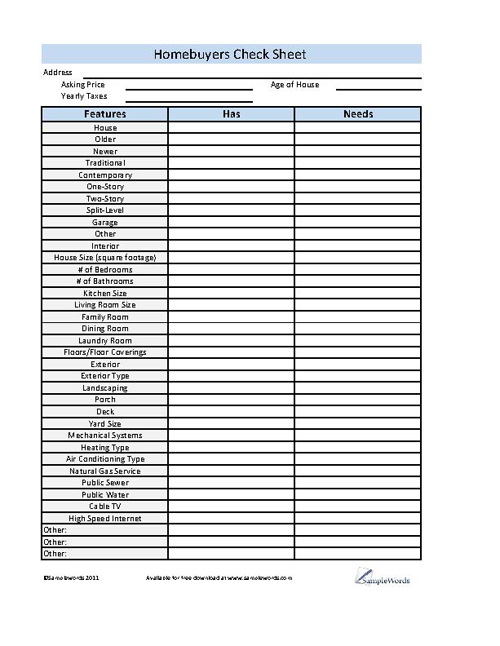 Home buyers check sheet