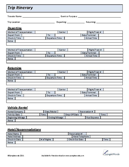 Vacation Itinerary Template Word from www.samplewords.com