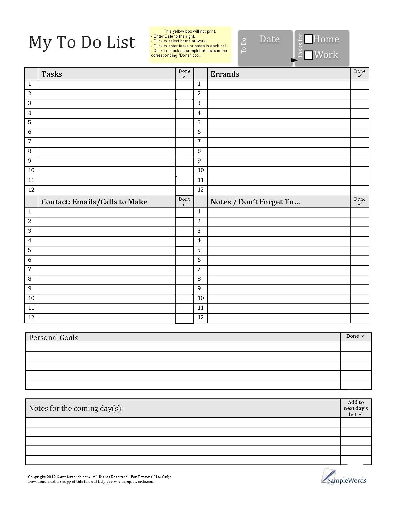 Free Printable To Do List For Work Pdf