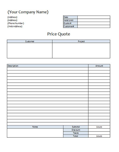 Price Quote Template Microsoft Excel Spreadsheet