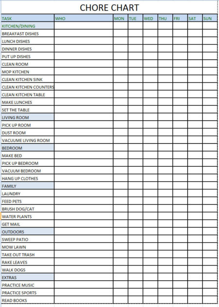 Printable Chore Chart - Organize Tasks - Weekly - Microsoft ...